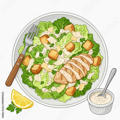 A delicious caesar salad with chicken, croutons, and parmesan cheese on a plate, captured from above, and ready to enjoy. isolated on a white background. PNG