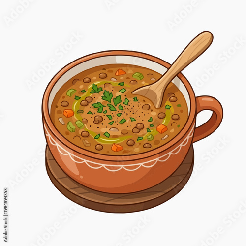 A bowl of hearty soup, ready to be enjoyed with a wooden spoon. isolated on a white background. PNG