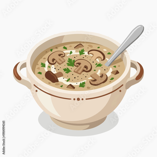 A creamy mushroom soup in a bowl with spoon. isolated on a white background. PNG