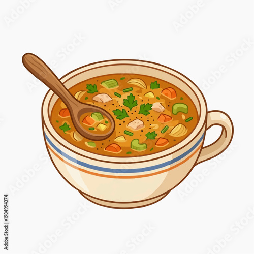 A flavorful bowl of soup with a wooden spoon, evoking warmth and comfort. isolated on a white background. PNG
