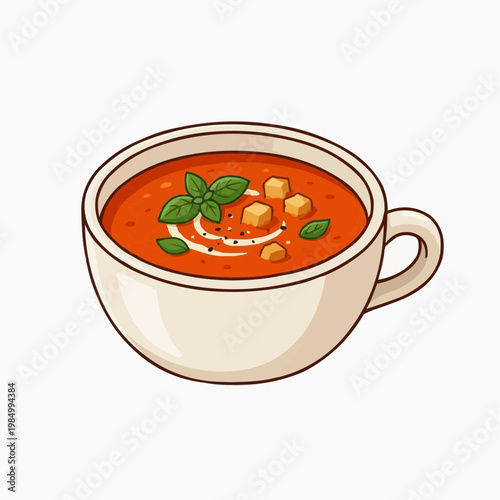 A vibrant and appetizing bowl of tomato soup, garnished with fresh basil leaves. isolated on a white background. PNG
