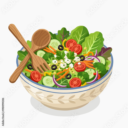 Fresh and colorful salad served in a decorative bowl with wooden utensils. isolated on a white background. PNG