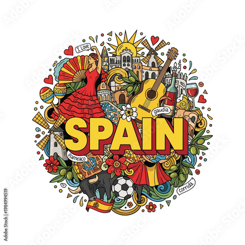 A colorful doodle illustration representing iconic spanish culture and traditions