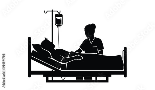 A stark depiction showcases a medical professional attending to a patient resting in a hospital bed presented as a silhouette high quality detailed modern