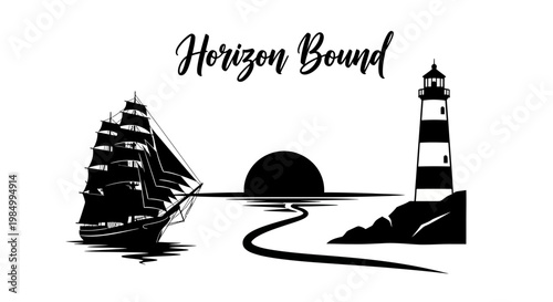 Vintage Tall Ship Sailing Towards Lighthouse at Sunset.