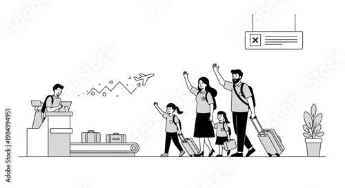 A family of four at an airport check-in counter waving goodbye.