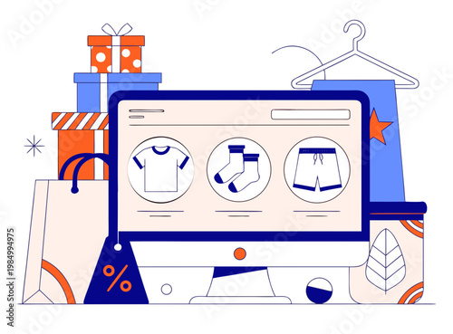 Online shopping vector computer monitor surrounded by shopping bags gifts