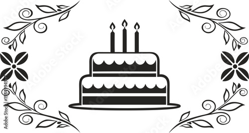 Black and white birthday card with layered cake and lit candles