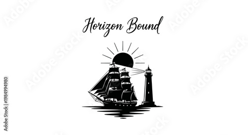 Nautical vintage illustration featuring a sailing ship, lighthouse, and sun with Horizon Bound text.