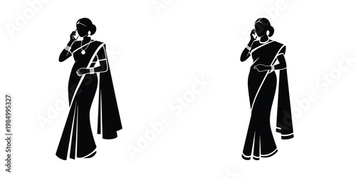 Indian Woman in Saree Silhouette Talking on Mobile Phone – Traditional Ethnic Female Vector Illustration, Cultural Fashion Icon, Black and White Graphic Design