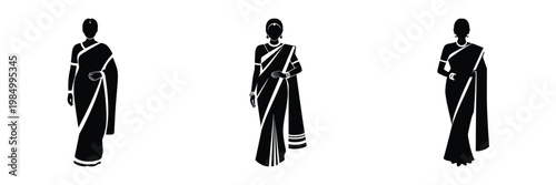 Indian Woman in Saree Silhouette Vector Set – Traditional Female Figure, Ethnic Fashion Illustration, Cultural Lady Icon, Black and White Standing Pose Design