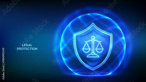 Digital legal protection. Cybersecurity, data privacy, compliance and secure network. Protection shield with scales of justice inside glowing dome and protective energy field. Vector illustration.
