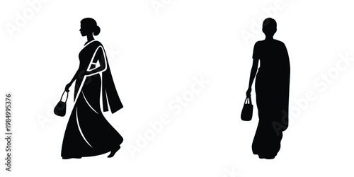 Indian Woman in Saree Silhouette with Handbag – Walking Female Vector Illustration, Traditional Ethnic Fashion, Cultural Lady Carrying Bag, Black and White Icon Set