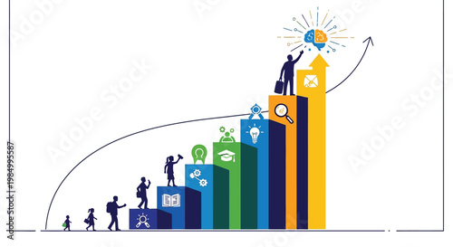 Vector graphic illustrating the path of lifelong learning and career development towards achieving success and cultivating new ideas.
