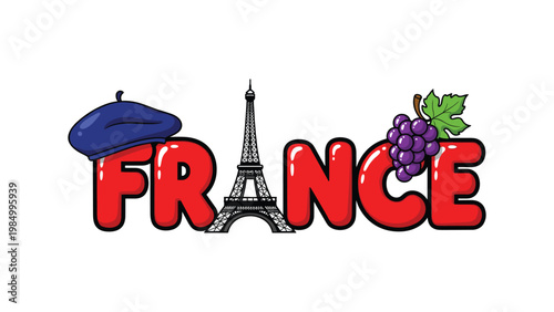 Colorful depiction of france featuring the eiffel tower a beret and grapes