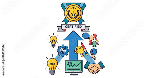 Vector illustration showing a pathway to certification earned through creative ideas, digital technology, and collaborative efforts.