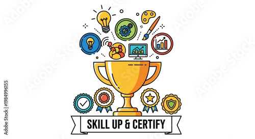 Colorful vector illustration showing a gold trophy celebrating career achievement and professional skill certification badge concepts