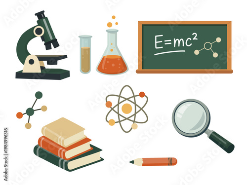 Set of education and science icons including microscope, books, atom, chalkboard and lab glassware in flat design style