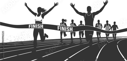 Silhouettes of a male and female runner crossing the finish line together on a stadium track. For marathon event banners, motivational sports posters, or fitness achievement blogs. Transparent EPS.