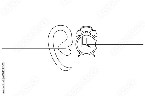 Continuous line drawing of an ear and alarm clock on white background time listening