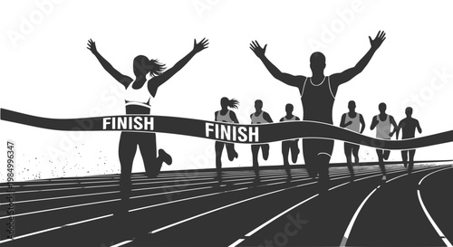 Silhouettes of a male and female runner crossing the finish line together on a stadium track. For marathon event banners, motivational sports posters, or fitness achievement blogs. Transparent SVG.