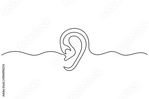 Continuous line drawing of an ear and sound waves on white background hearing listening