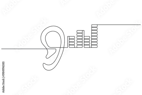 Ear connected to audio equalizer bars continuous line art hearing sound