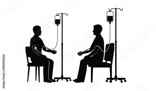 Two individuals are depicted seated in chairs receiving intravenous drips a somber scene illustrating medical treatment and care silhouette high quality professional detailed modern