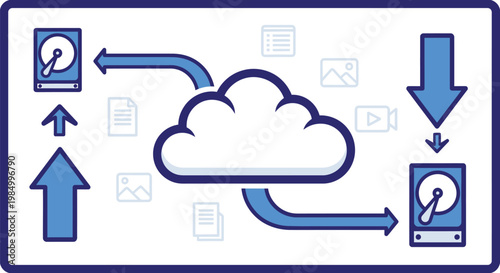 Minimalist vector graphic illustration showing data transfer between local hardware storage and a cloud server network