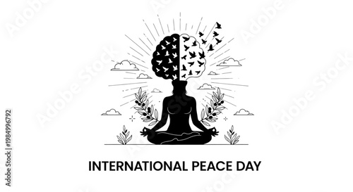 Meditating Human Silhouette with Abstract Mind Transformation into Birds.