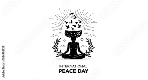 Meditating silhouette person with open mind and flying birds for International Peace Day.