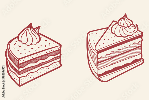 Double layered cake slice outline sketch vector illustration for bakery, dessert menu and sweet food design. Symbolizing indulgence, taste and celebration