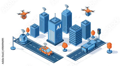 Futuristic cityscape with tall skyscrapers, autonomous drones, and advanced transportation systems in a high-tech urban