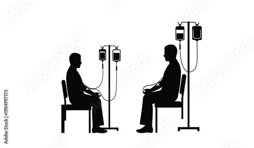 Two individuals are seated facing each other connected to iv drips with medical equipment depicted as a stark silhouette high quality professional detailed modern