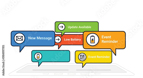 Colorful vector graphic illustration of various notification speech bubbles appearing above a generic tablet device.