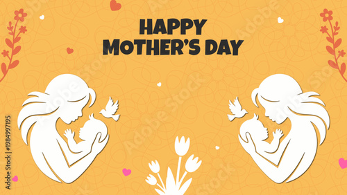 happy mothers day papercut greeting card with mother and baby, modern motherhood illustration with floral and heart elements, mother and child love concept layered paper style design, elegant mothers 