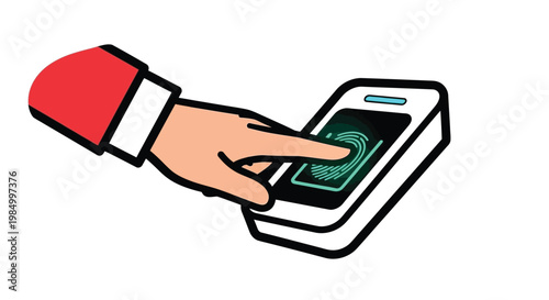 Hand pressing a modern biometric fingerprint scanner for digital authentication and secure access vector graphic.