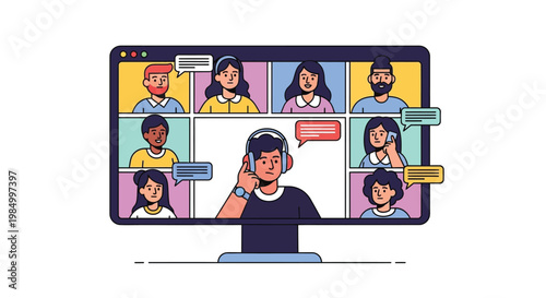 Digital video conference illustration showcasing diverse individuals communicating remotely in an interactive online group meeting.
