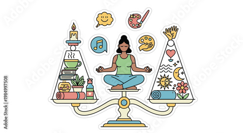 Woman meditating while balancing work and life harmony in this creative vector graphic design illustration style