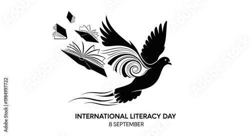 International Literacy Day design with a flying dove formed by books.