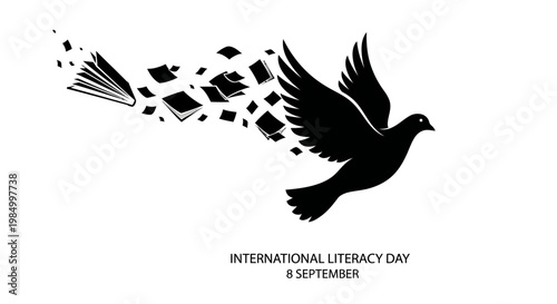 Black silhouette of a dove transforming from flying book pages.