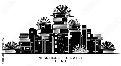 Black and white illustration of a stack of books for International Literacy Day.
