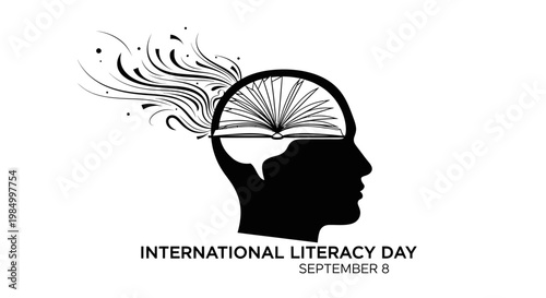 International Literacy Day creative design with human head silhouette and open book.