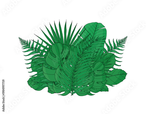 Tropical leaves composition with monstera and palm foliage. Green botanical cluster. Exotic jungle design element for summer wedding invitation or packaging projects.