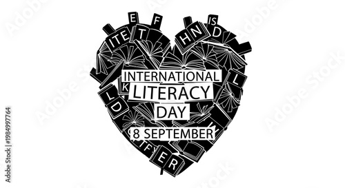 International Literacy Day typographic heart shape design.