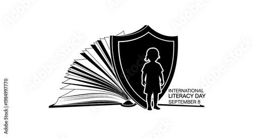 International Literacy Day design with book and child silhouette in a shield.