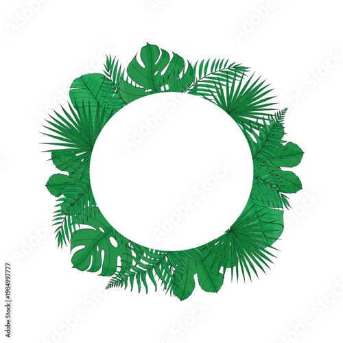 Tropical wreath with palm leaves and monstera foliage. Green botanical circle frame with white blank space. Exotic design element for wedding invitation, summer holiday and branding sales projects.
