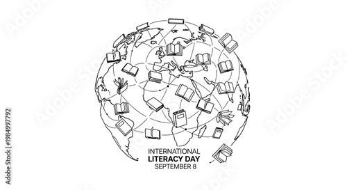 International Literacy Day globe illustration with flying books.