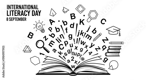 Open book with floating letters and educational icons for International Literacy Day.