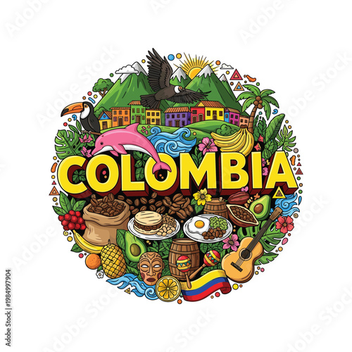 Colorful illustration showcasing iconic symbols representing the country of colombia